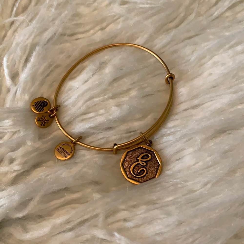 Alex and Ani brass expandable bracelet “E”